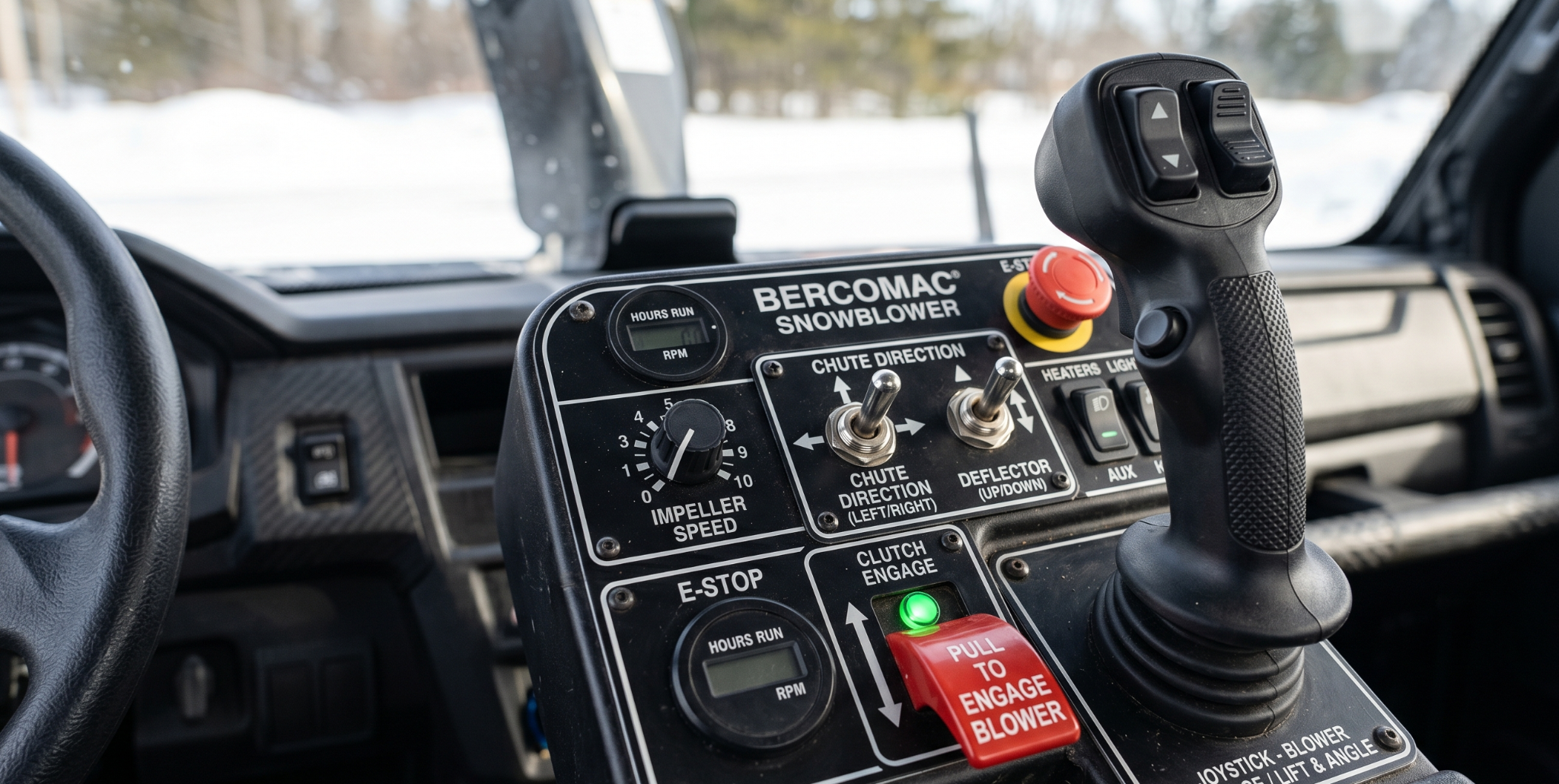 A close shot of the Bercomac Snowblower control unit, including a control stick, chute controls, clutch, and more. A close shot of the Bercomac Snowblower control unit, including a control stick, chute controls, clutch, and more.