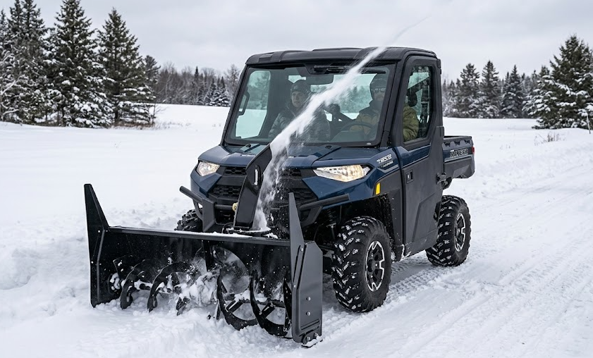 A front-oblique image of the Polaris Ranger with a Bercomac Snowblower attached, riding on a snowy landscape A front-oblique image of the Polaris Ranger with a Bercomac Snowblower attached, riding on a snowy landscape