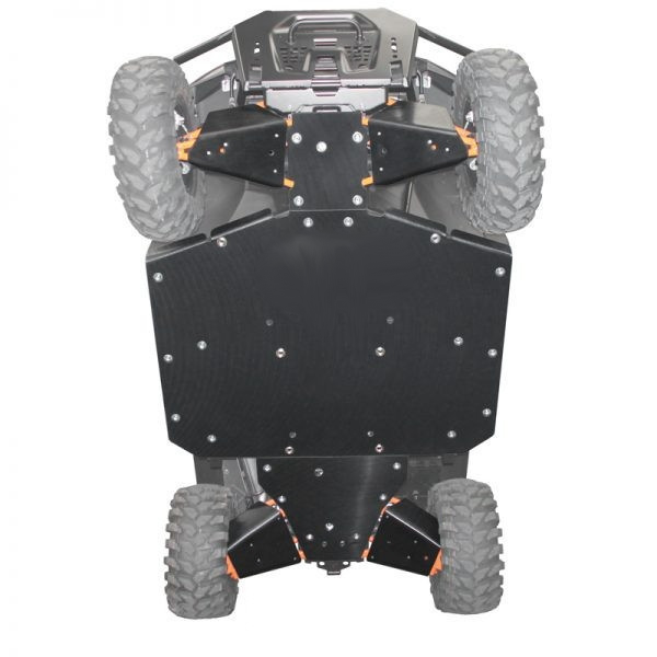 An image of the undercarriage of a Polaris Ranger equipped with a full UHMW skid plate set. 
